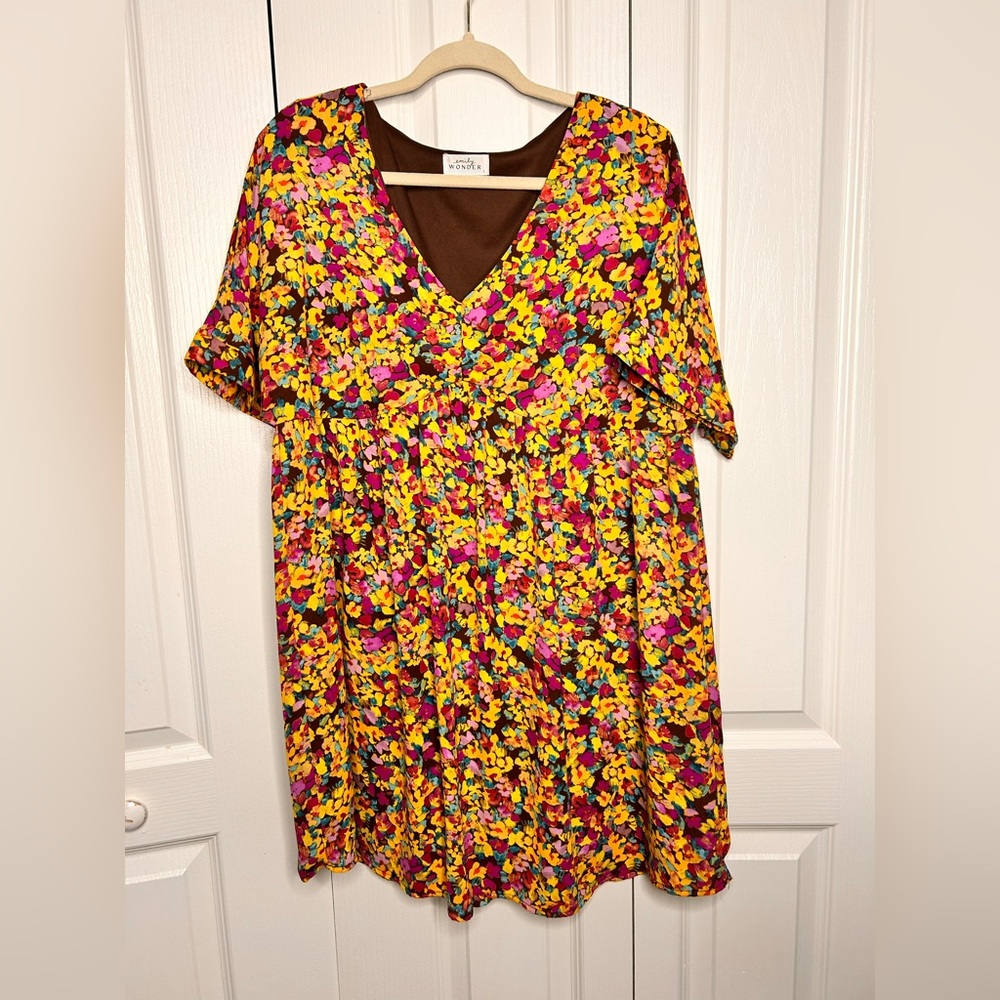 Emily Wonder Women’s Floral Dress V Neck Short Sleeve Knee Length Lined L